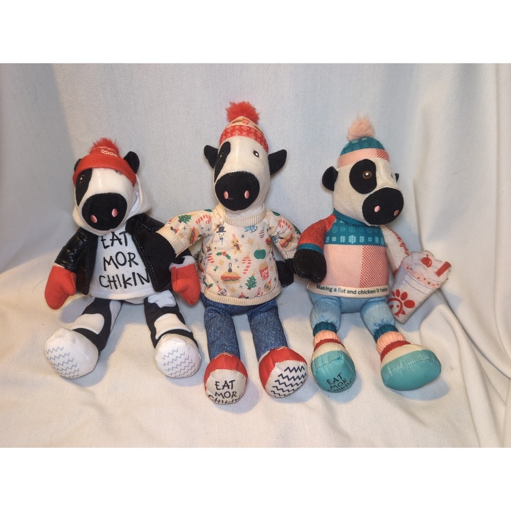 3x Chick-fil-A Christmas Plush Cow Doll Toy Chikin 7" Holiday Winter